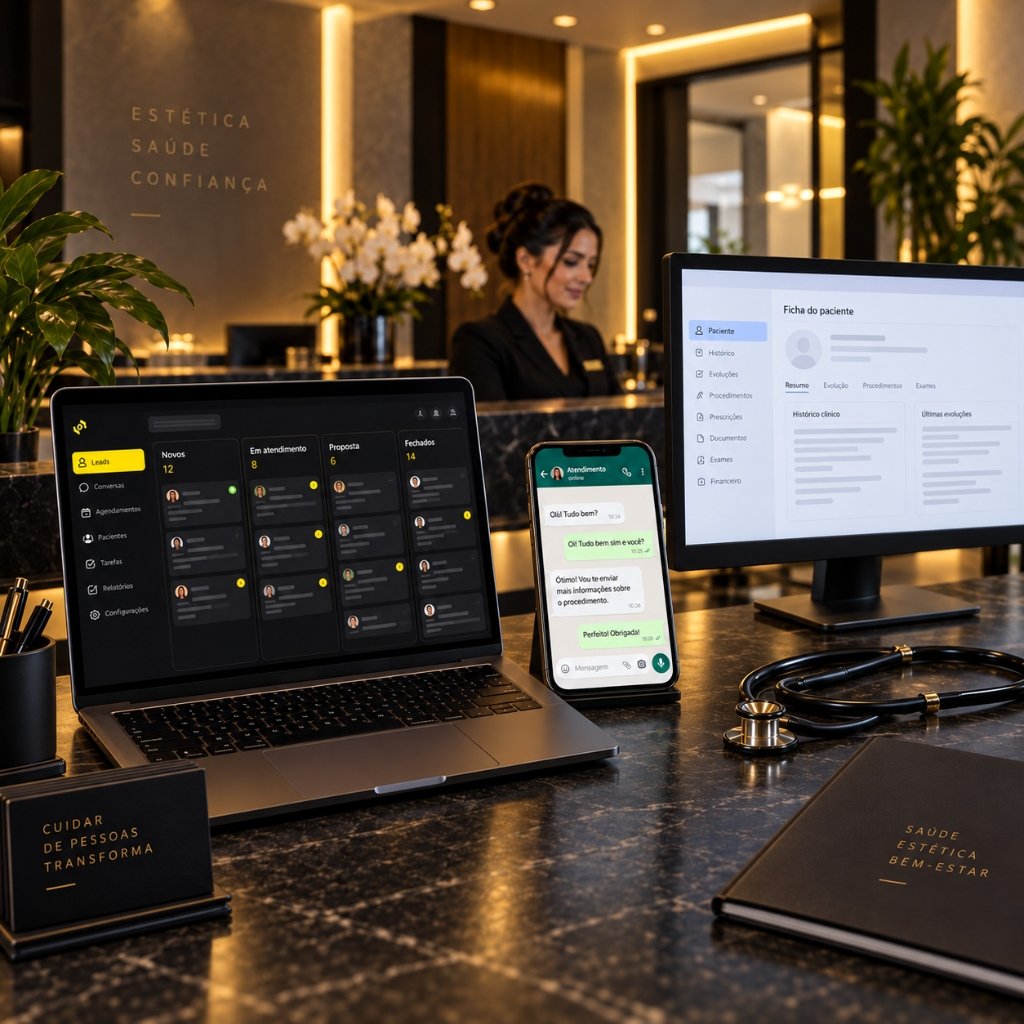 Recepção com tela de CRM em Kanban no notebook e Prontuário Médico no monitor