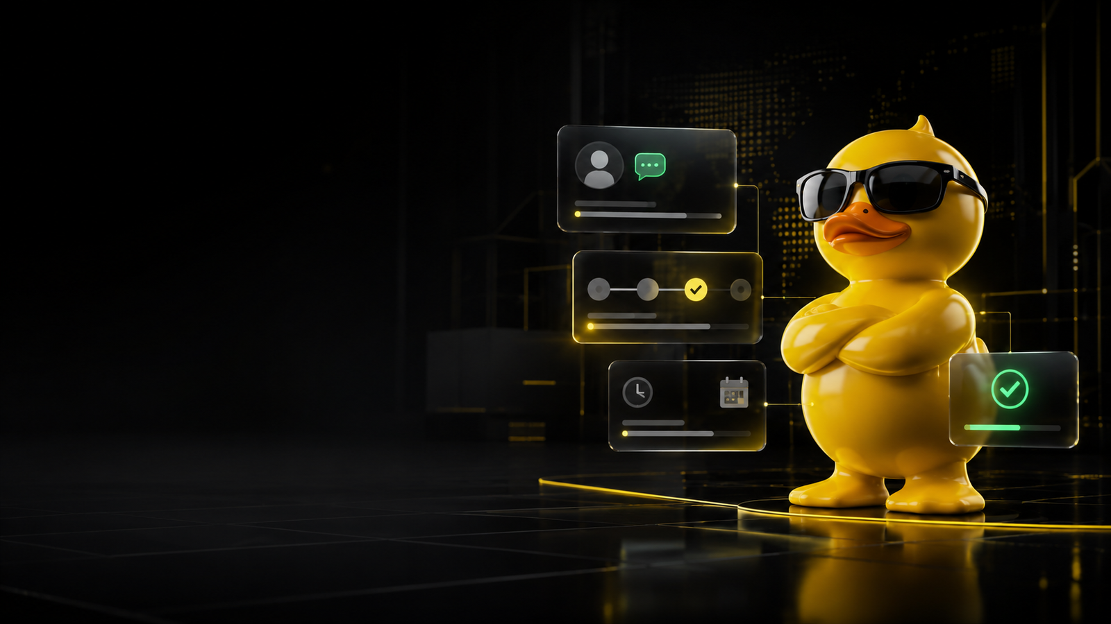 Mascote 3D Mr Duck apresentando CRM e automação de follow-up para clínicas de estética